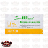 JERINGA DE PLASTICO HIPODERMICA, 3 ML 20 G X 32 MM, CAJA CON 100 PIEZAS, SENSIMEDICAL