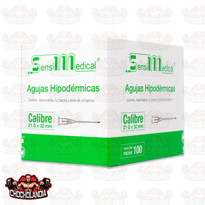 AGUJAS HIPODERMICAS ESTERIL DESECHABLE NO TEOXICA  Y LIBRE DE PIROGENOS  CALIBRE 21G X 32 MM CONT 100 PZAS