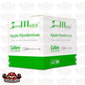 AGUJAS HIPODERMICAS ESTERIL DESECHABLE NO TEOXICA  Y LIBRE DE PIROGENOS  CALIBRE 21G X 38 MM CONT 100 PZAS