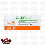 JERINGA DE PLASTICO PARA INSULINA HIPODERMICA, DESECHABLE , NO TOXICA Y LIBRE DE PIROGENOS  1ML 29G X 13 MM CONT 100 PZAS