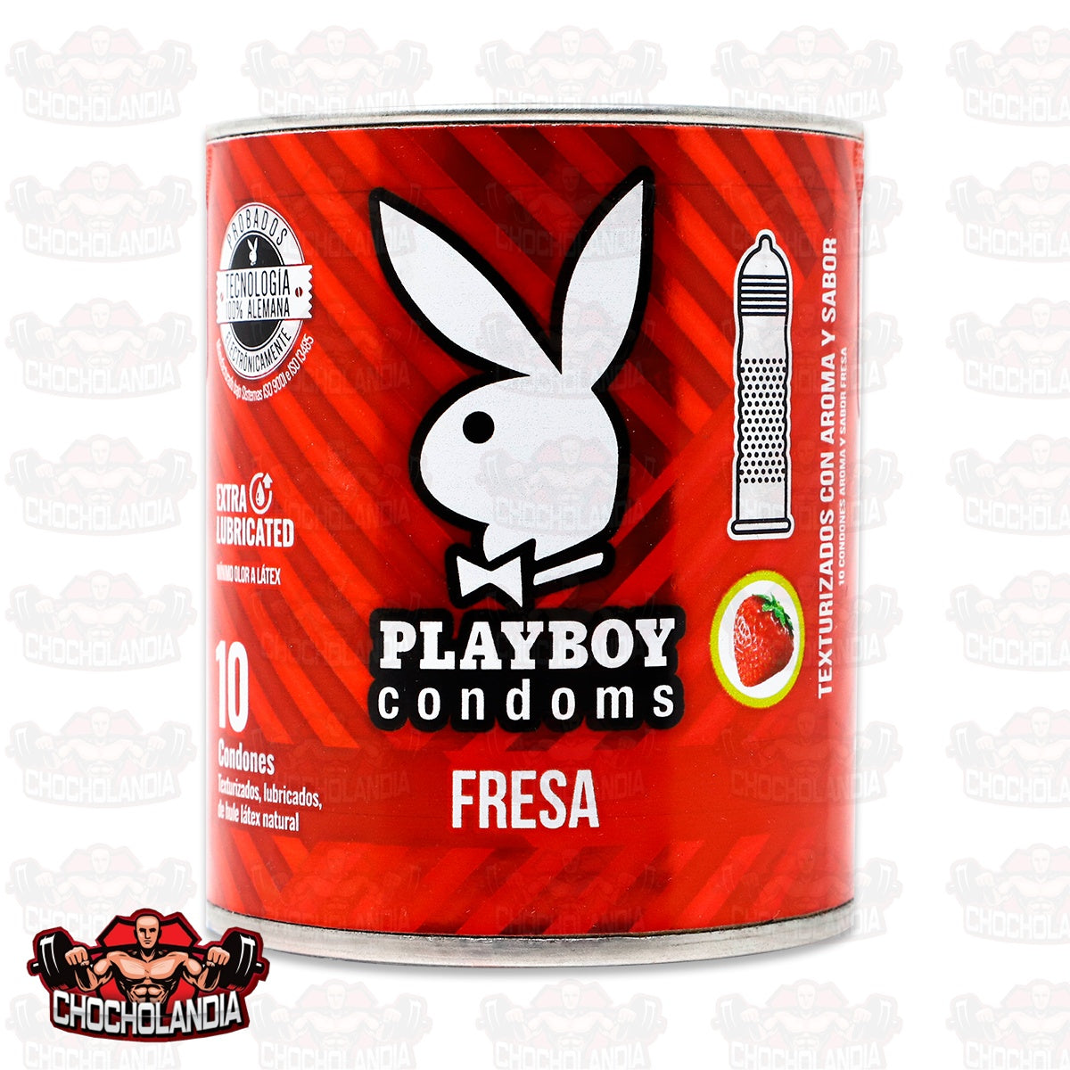 PLAYBOY TEXTURIZADO AROMA Y SABOR FRESA, LATA CON 10 CONDONES, PLAYBOY