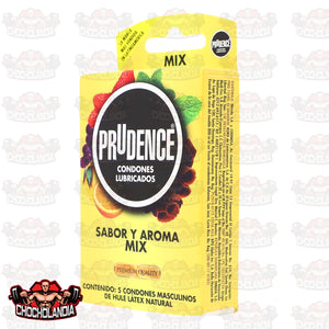 PRUDENCE, CONDONES LUBRICADOS, SABOR Y AROMA MIX, 5 CONDONES MASCULINOS DE HULE LÁTEX NATURAL